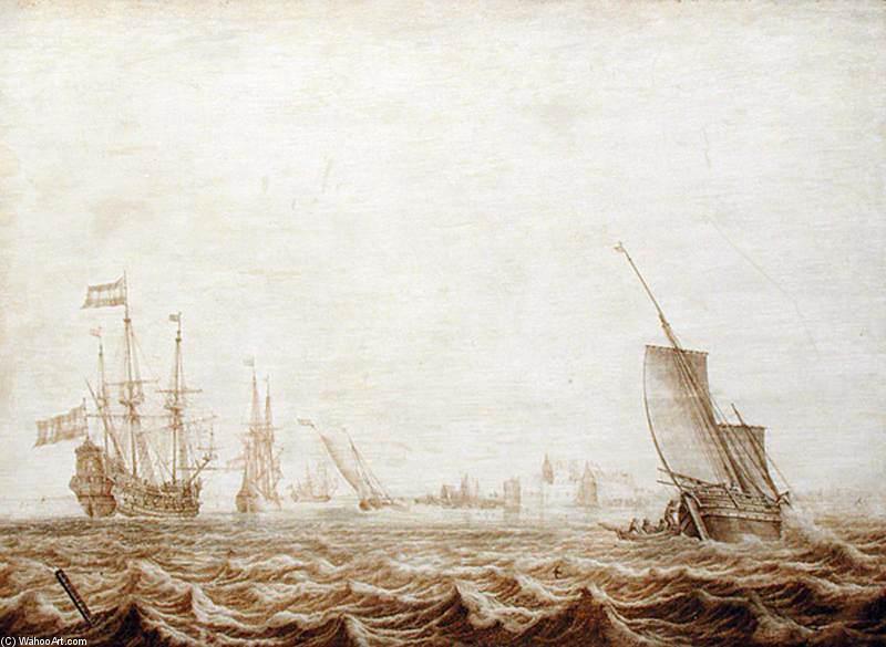WikiOO.org - Encyclopedia of Fine Arts - Maalaus, taideteos Heerman Witmont - A Wijdschip Lowering Sail in a Choppy Sea