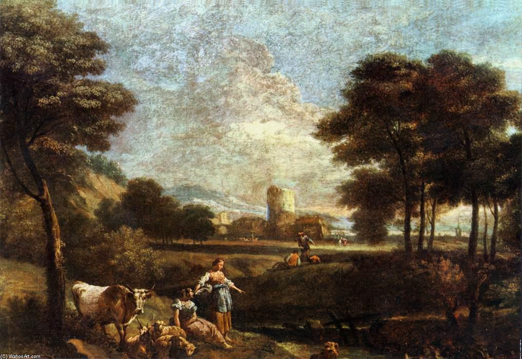 Wikioo.org - The Encyclopedia of Fine Arts - Painting, Artwork by Giuseppe Zais - Landscape with Shepherds and Fishermen
