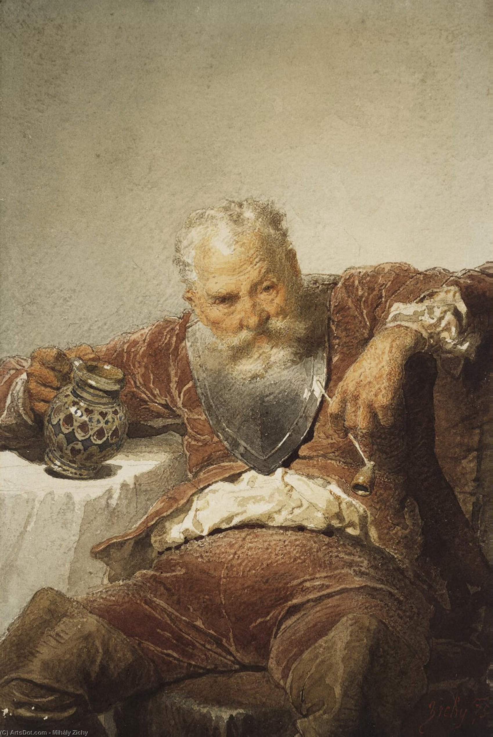 Wikioo.org - The Encyclopedia of Fine Arts - Painting, Artwork by Mihaly Von Zichy - Falstaff with a Tankard of Wine and a Pipe