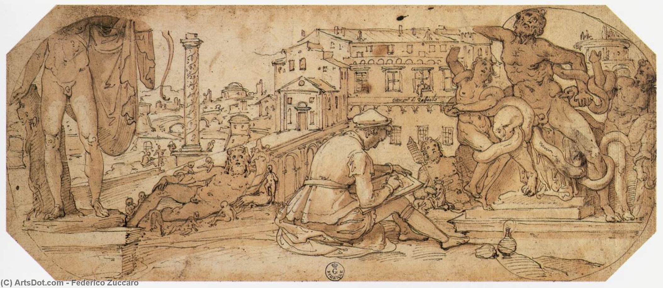 WikiOO.org - Εγκυκλοπαίδεια Καλών Τεχνών - Ζωγραφική, έργα τέχνης Federico Zuccari - Taddeo Zuccaro Copying the Antique Statues in Rome