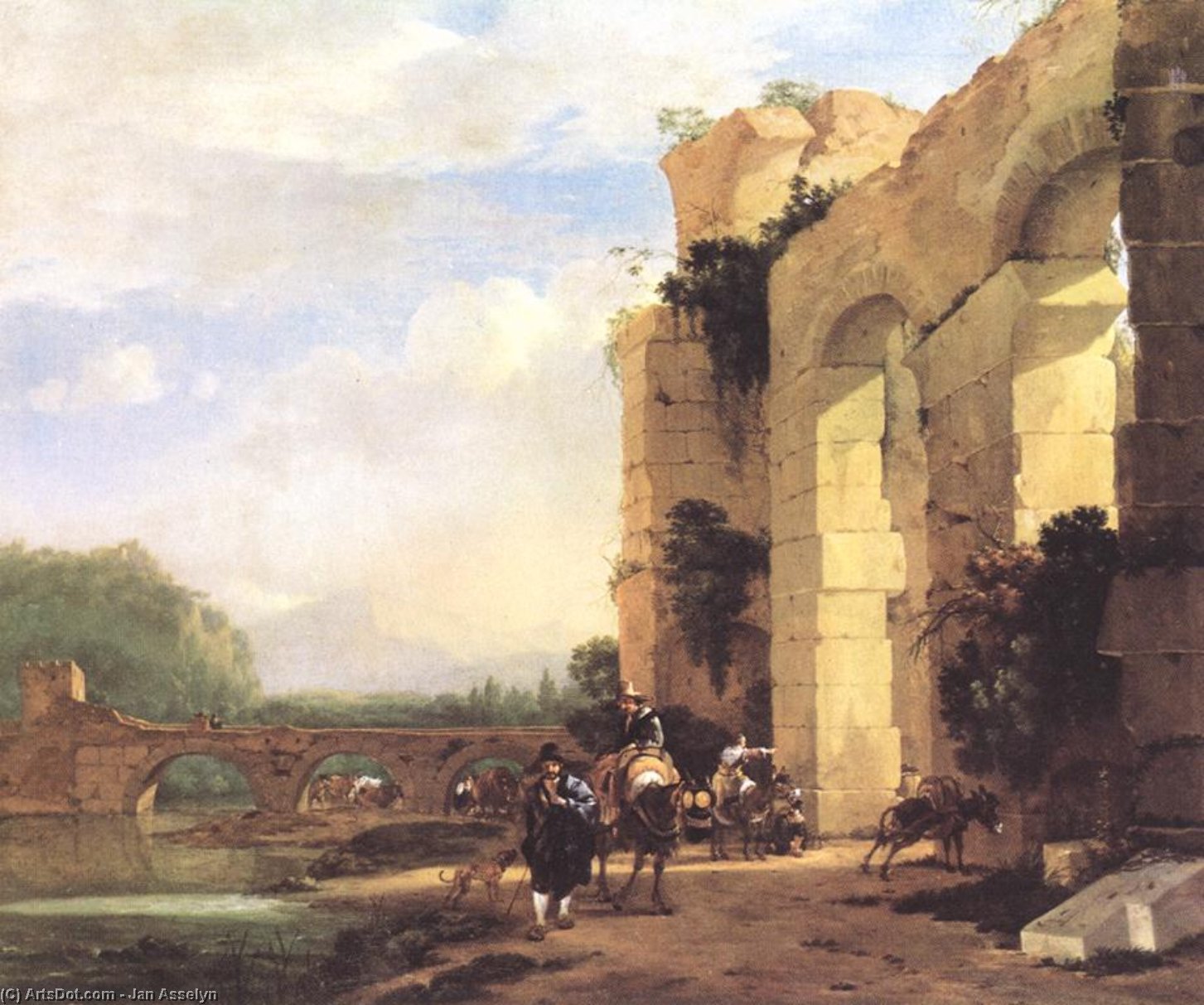 WikiOO.org - Enciclopédia das Belas Artes - Pintura, Arte por Jan Asselijn - Italian Landscape with the Ruins of a Roman Bridge and Aqueduct