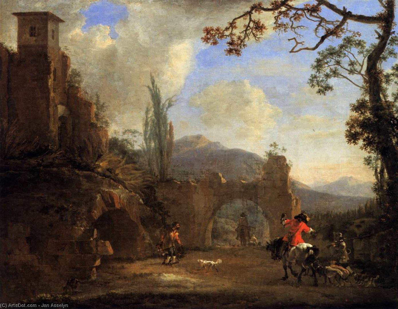 Wikioo.org - The Encyclopedia of Fine Arts - Painting, Artwork by Jan Asselijn - Landscape with Ruins and Hunting Party