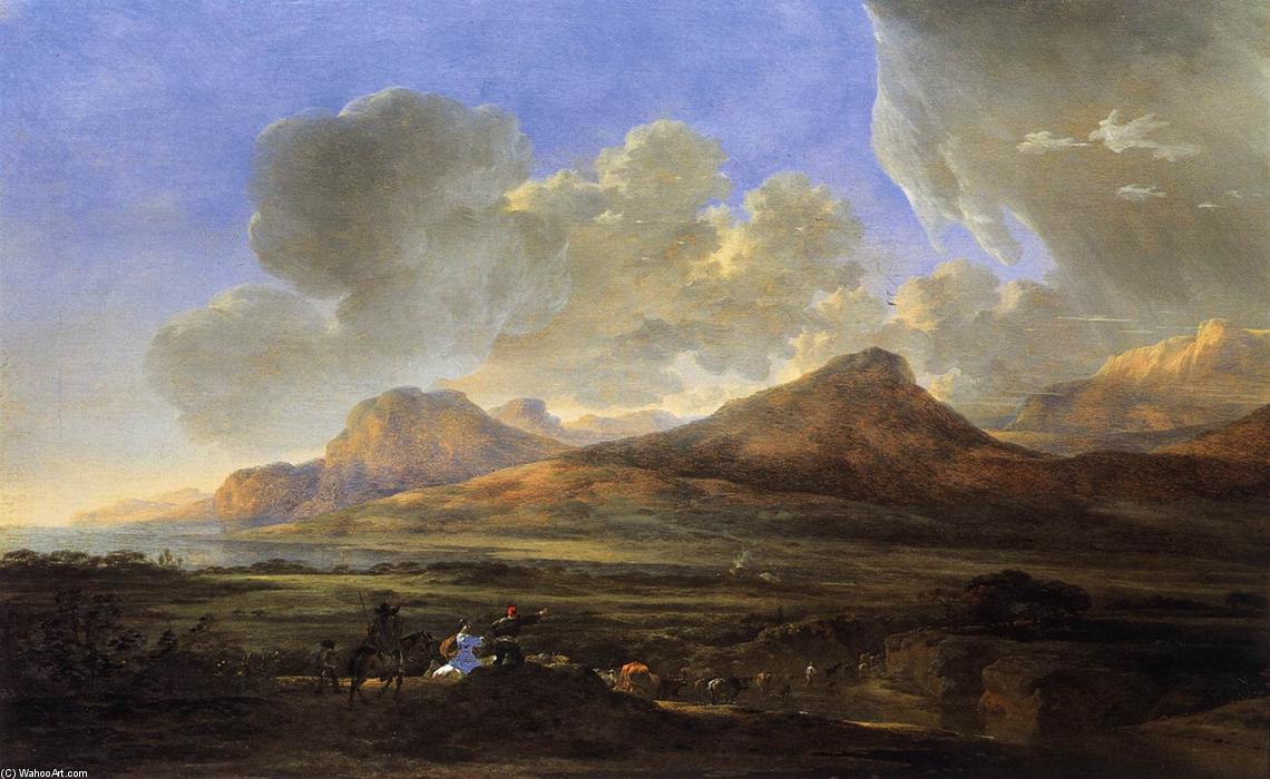 Wikioo.org - The Encyclopedia of Fine Arts - Painting, Artwork by Jan Asselijn - Mountainous Landscape with Traveling Herdsmen