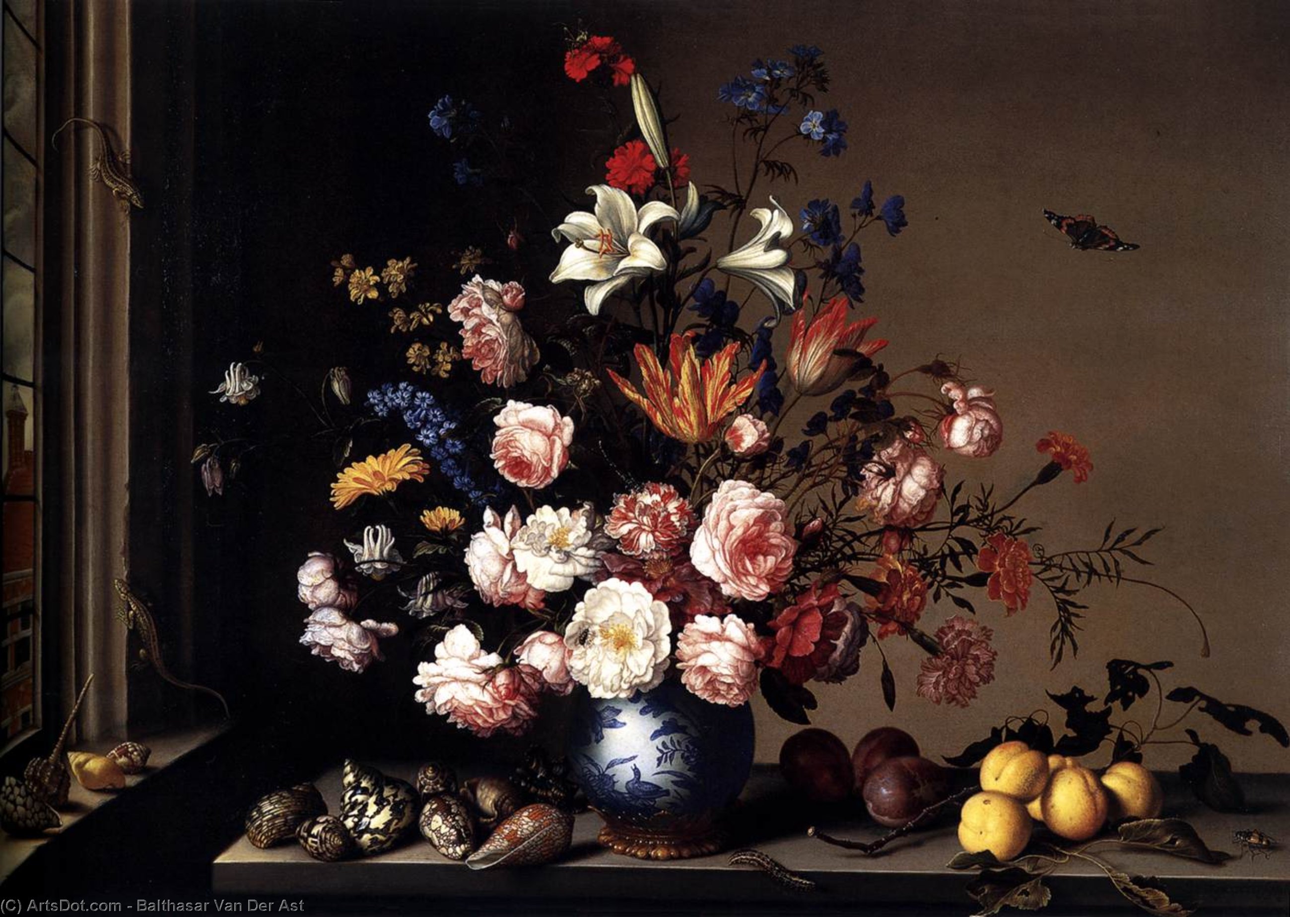 WikiOO.org – 美術百科全書 - 繪畫，作品 Balthasar Van Der Ast - 鲜花的花瓶 通过  一个  窗口