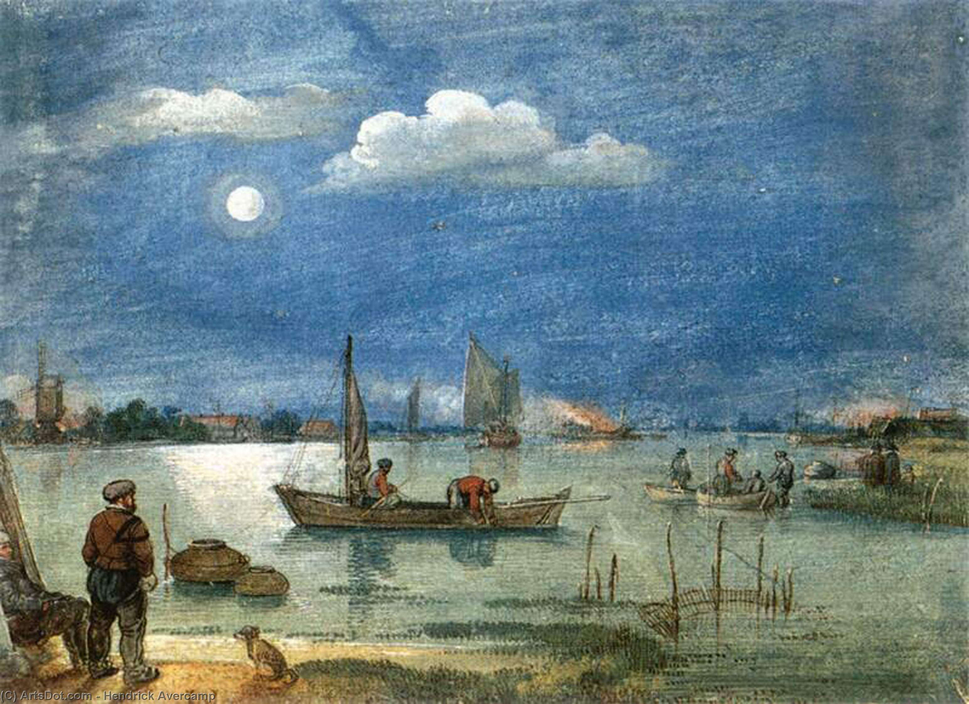 Wikioo.org - The Encyclopedia of Fine Arts - Painting, Artwork by Hendrick Avercamp - Fishermen by Moonlight