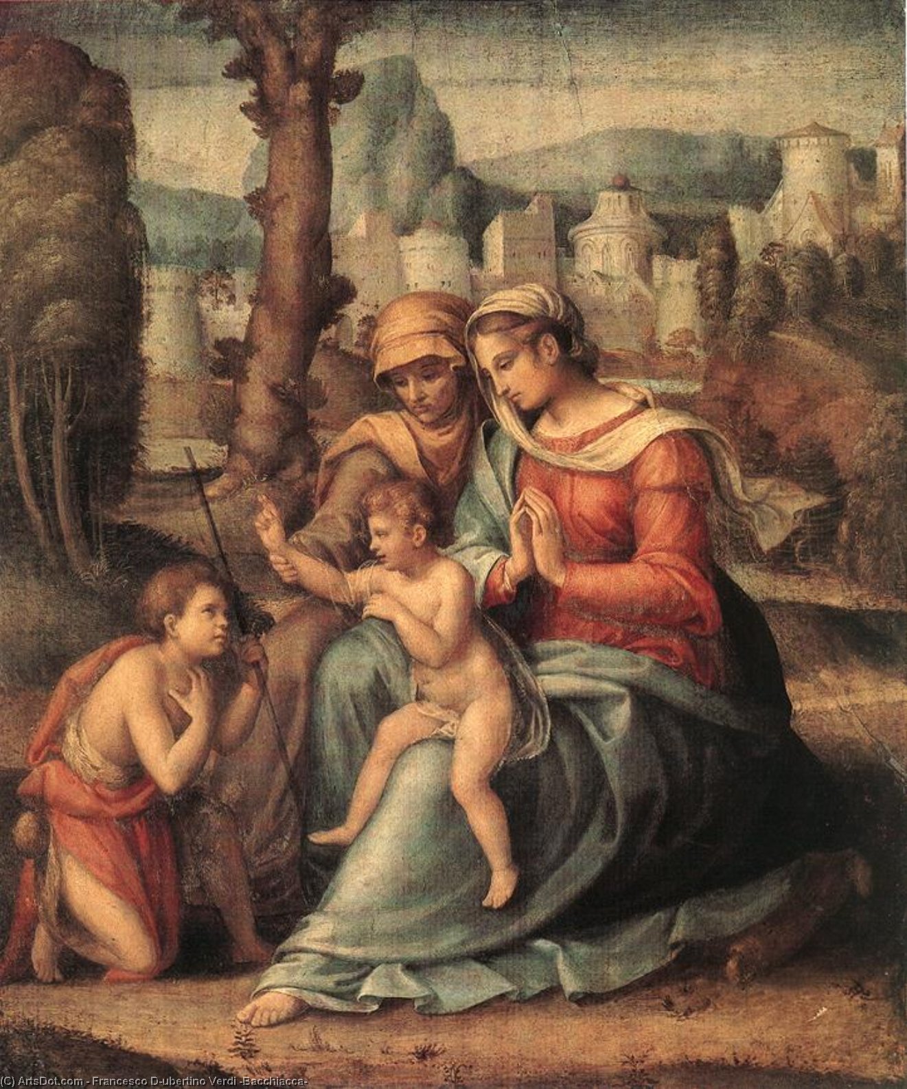 Wikioo.org - The Encyclopedia of Fine Arts - Painting, Artwork by Francesco D'ubertino Verdi (Bacchiacca) - Madonna with Child, St Elisabeth and the Infant St John the Baptist