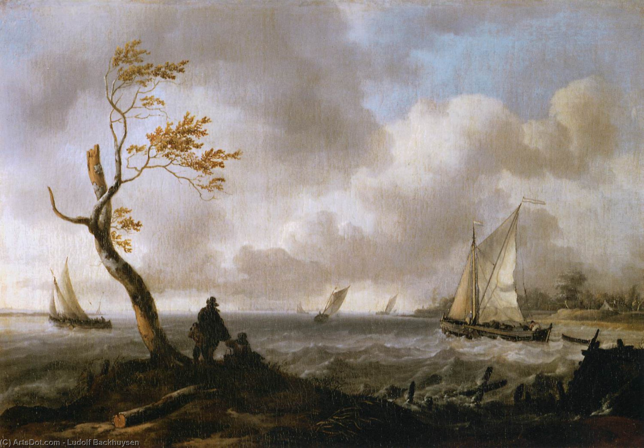Wikioo.org – L'Encyclopédie des Beaux Arts - Peinture, Oeuvre de Ludolf Backhuysen - bateaux de pêche et  roue libre  récipient  dans  rugueux  temps