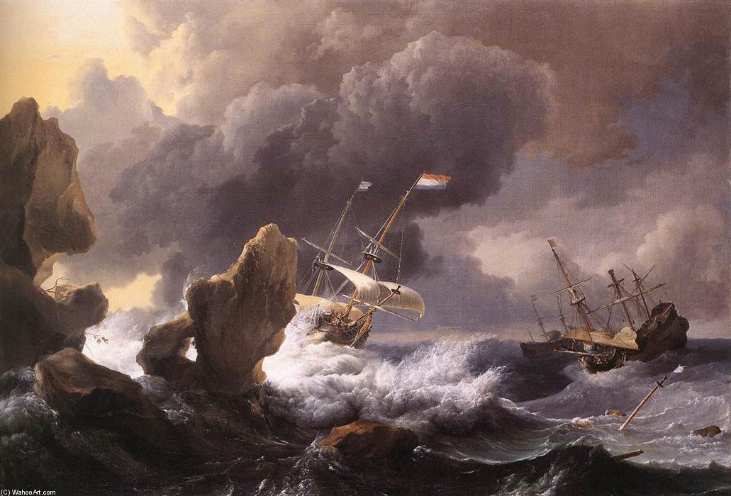 Wikioo.org – L'Encyclopédie des Beaux Arts - Peinture, Oeuvre de Ludolf Backhuysen - bateaux dans détresse de une rocheux bord