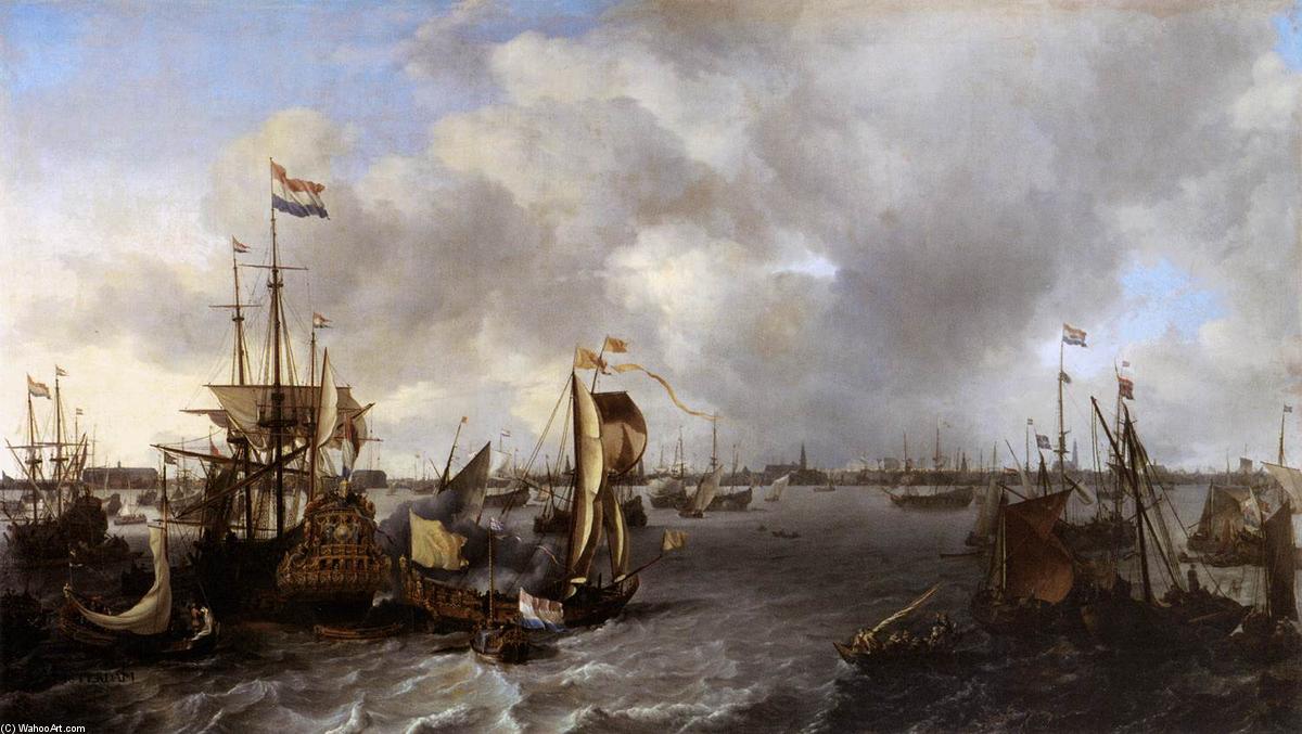 Wikioo.org - Bách khoa toàn thư về mỹ thuật - Vẽ tranh, Tác phẩm nghệ thuật Ludolf Backhuysen - View of Amsterdam with Ships on the Ij