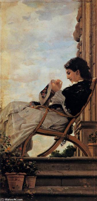Wikioo.org - The Encyclopedia of Fine Arts - Painting, Artwork by Cristiano Banti - Woman Sewing on the Terrace