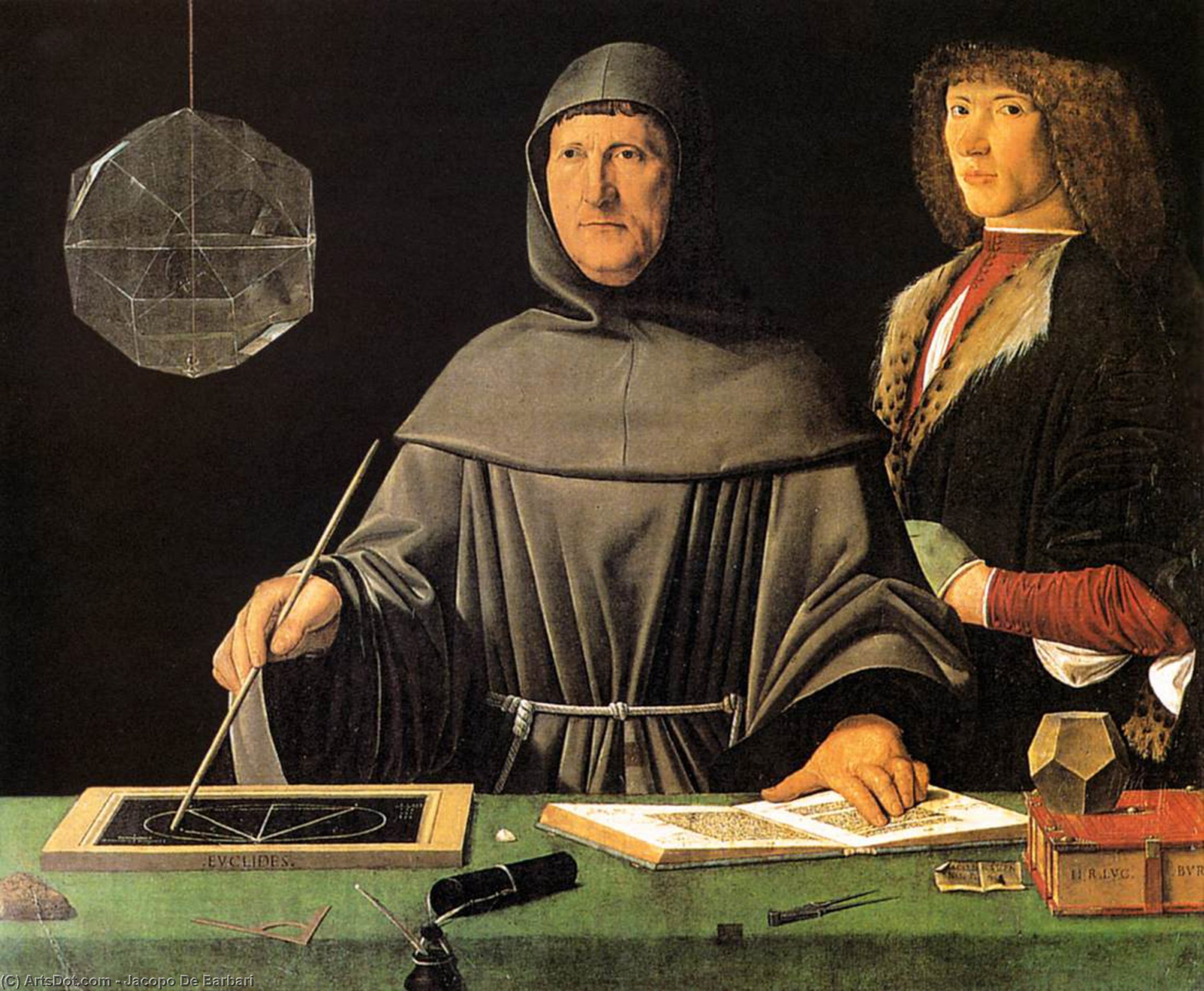 Wikioo.org - The Encyclopedia of Fine Arts - Painting, Artwork by Jacopo De Barbari - Portrait of Fra Luca Pacioli and an Unknown Young Man
