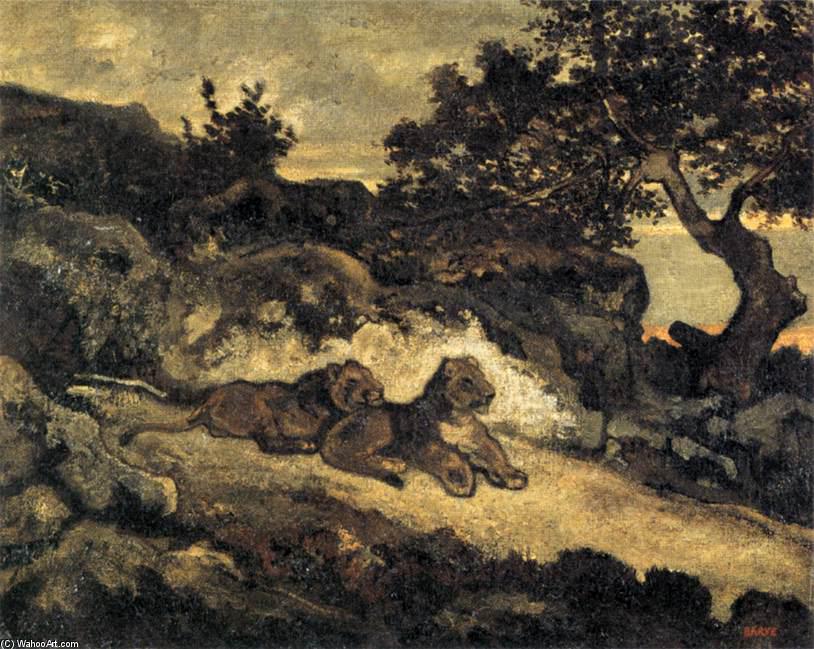 Wikioo.org - The Encyclopedia of Fine Arts - Painting, Artwork by Antoine Louis Barye - Lions near their Den