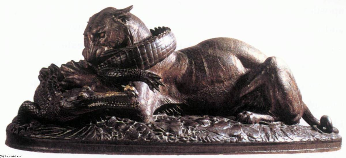 Wikioo.org – La Enciclopedia de las Bellas Artes - Pintura, Obras de arte de Antoine Louis Barye - Tigre devorando a un cocodrilo Gavial del Ganges