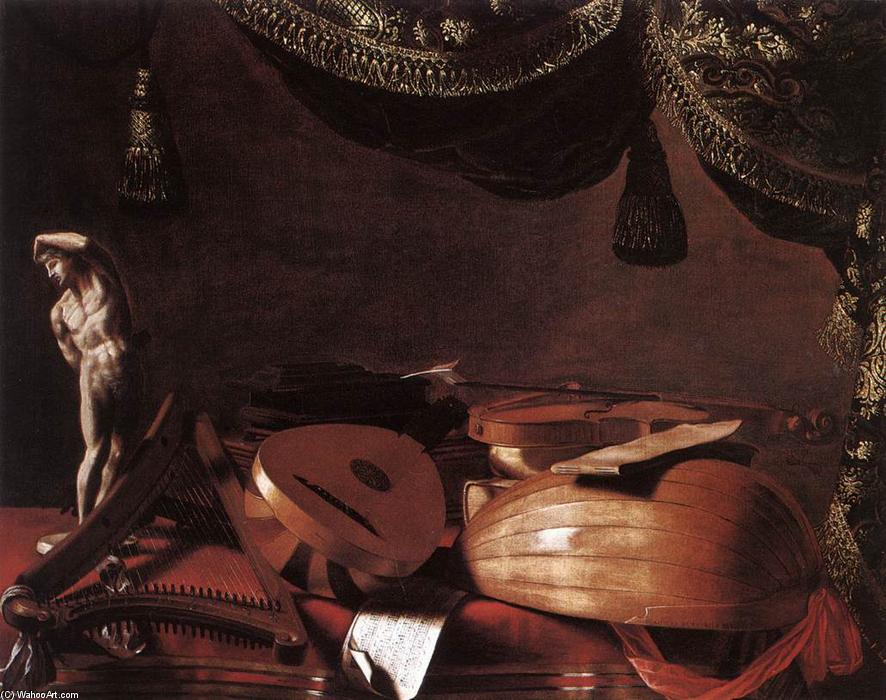 Wikioo.org – L'Enciclopedia delle Belle Arti - Pittura, Opere di Evaristo Baschenis - Still-Life con musical Strumenti e un Piccolo classica statua