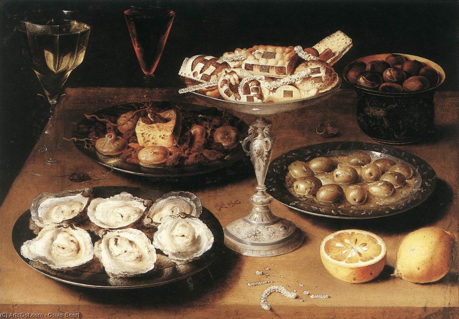 Wikioo.org - The Encyclopedia of Fine Arts - Painting, Artwork by Osias Beert The Elder - Still-Life with Oysters and Pastries
