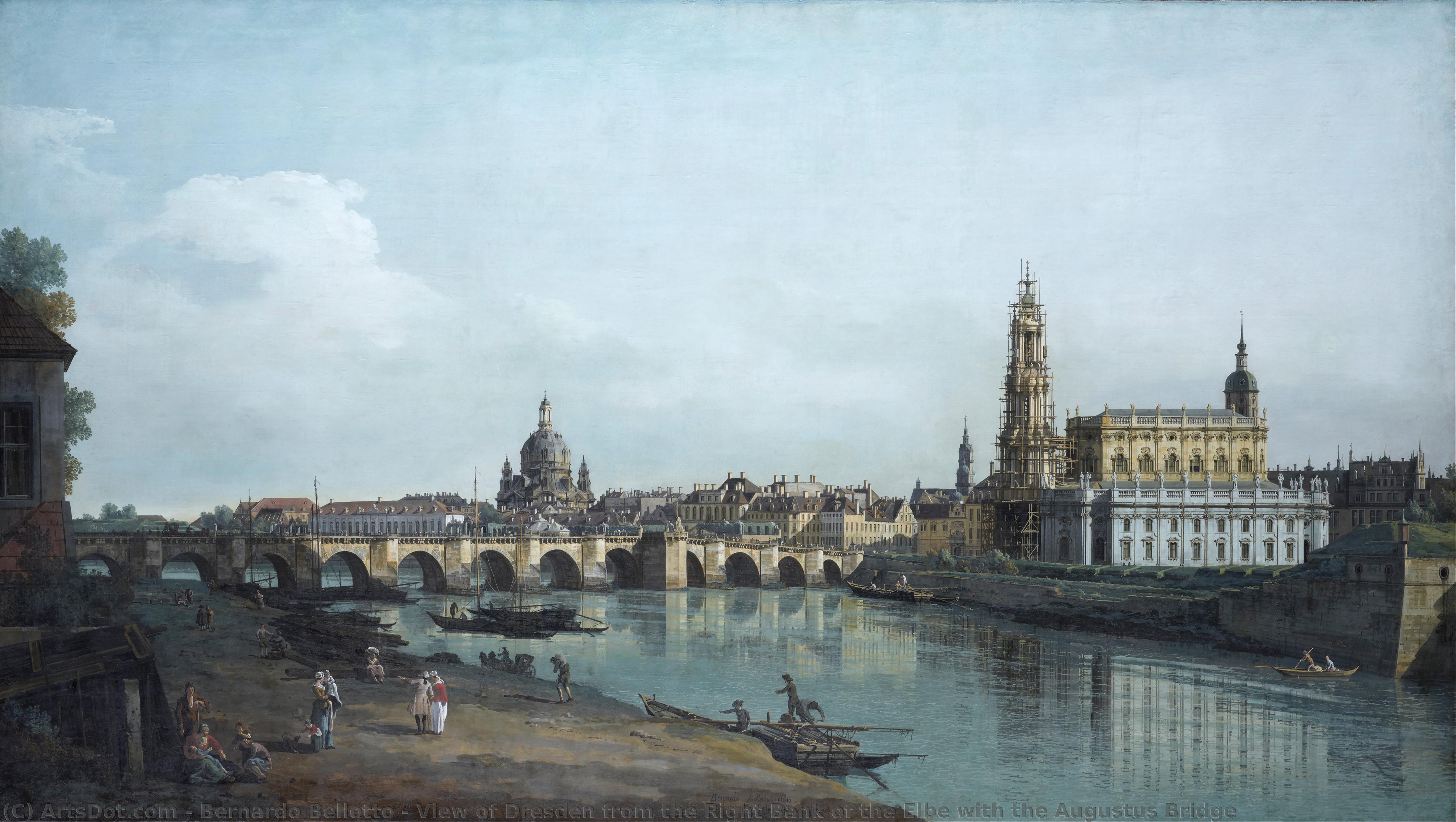 Wikoo.org - موسوعة الفنون الجميلة - اللوحة، العمل الفني Bernardo Bellotto - View of Dresden from the Right Bank of the Elbe with the Augustus Bridge