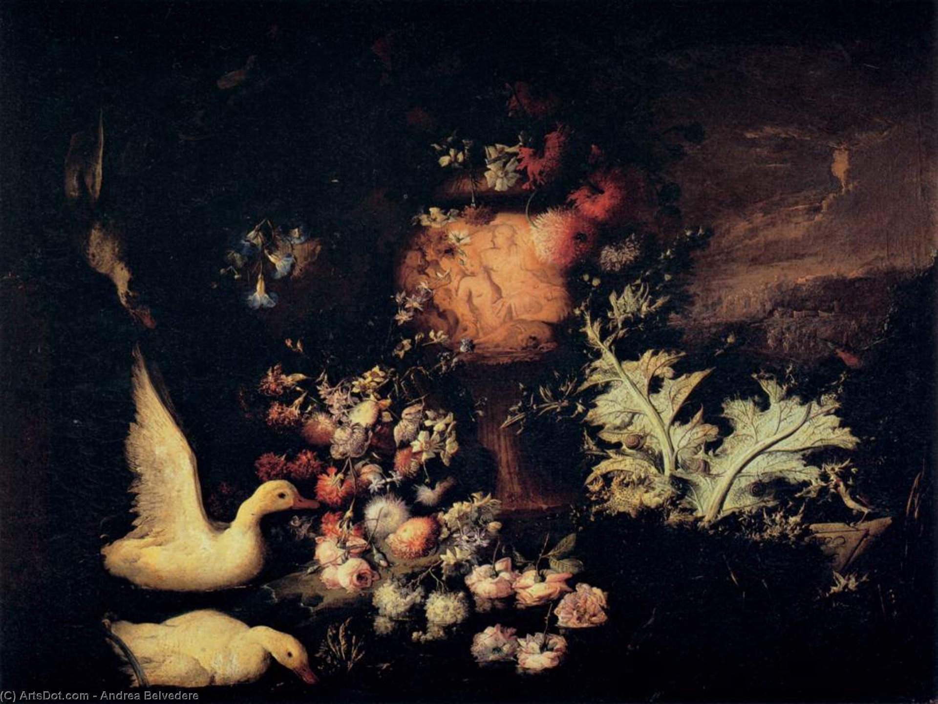 Wikioo.org - Bách khoa toàn thư về mỹ thuật - Vẽ tranh, Tác phẩm nghệ thuật Andrea Belvedere - Flowers and Ducks