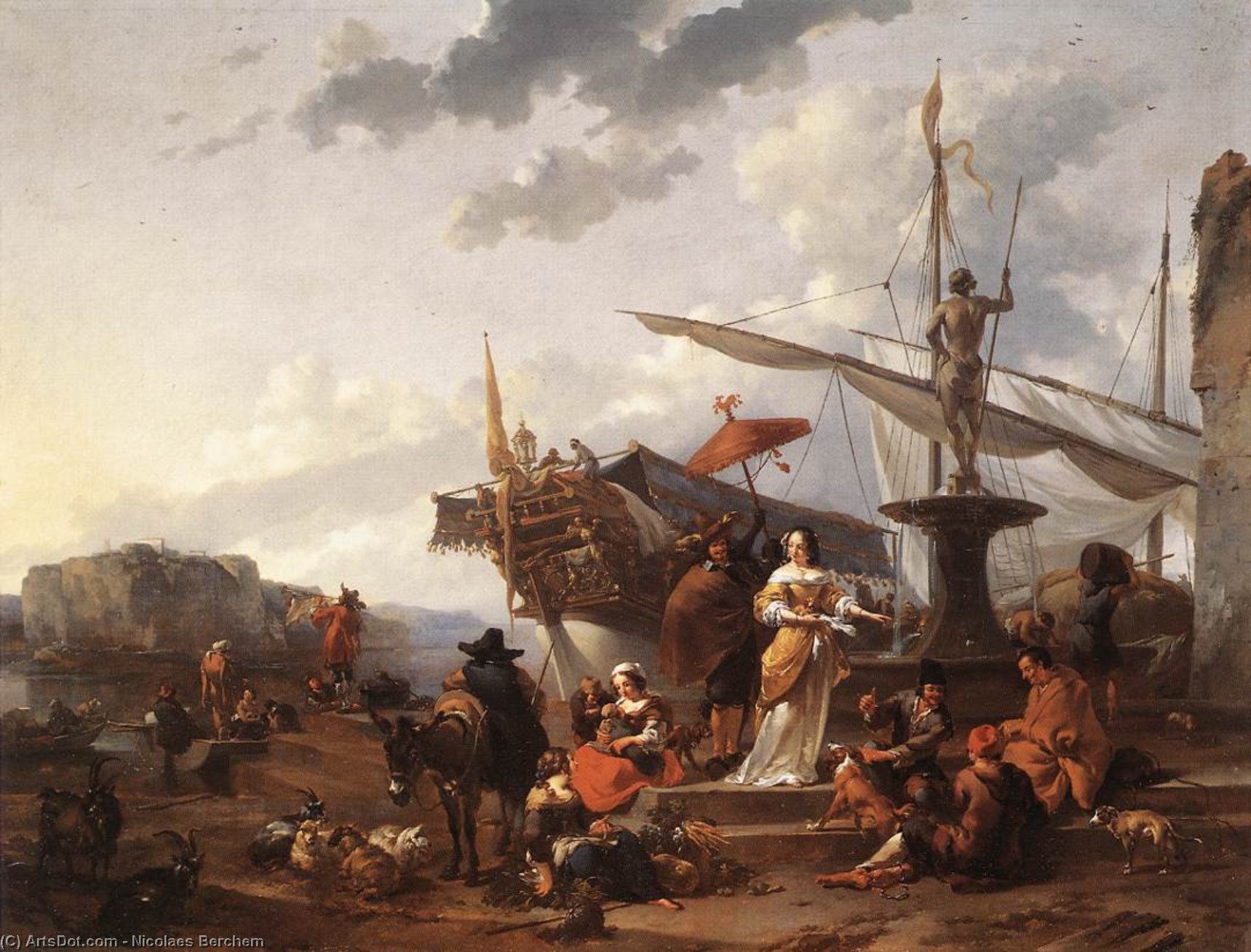 Wikioo.org - The Encyclopedia of Fine Arts - Painting, Artwork by Nicolaes Berchem - A Southern Harbour Scene