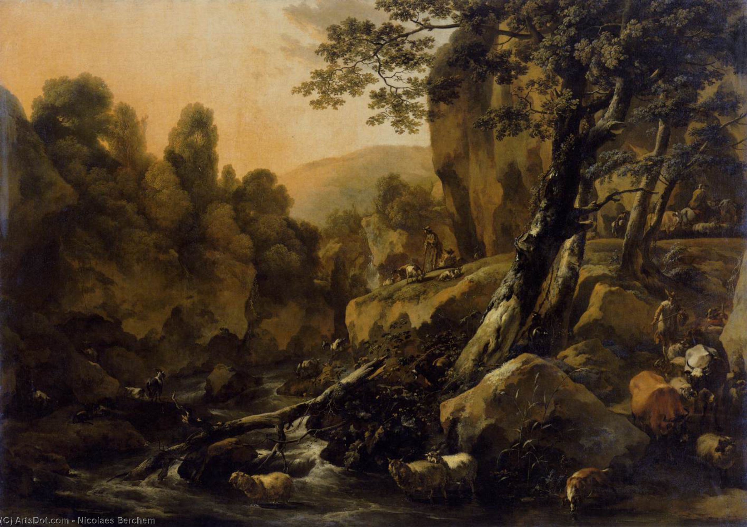 WikiOO.org - Encyclopedia of Fine Arts - Maľba, Artwork Nicolaes Berchem - Herdsmen and Herds at a Waterfall