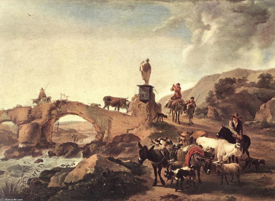 WikiOO.org - אנציקלופדיה לאמנויות יפות - ציור, יצירות אמנות Nicolaes Berchem - Italian Landscape with Bridge