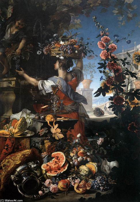 Wikioo.org - The Encyclopedia of Fine Arts - Painting, Artwork by Christian Berentz - Flowers, Fruit with a Woman Picking Grapes