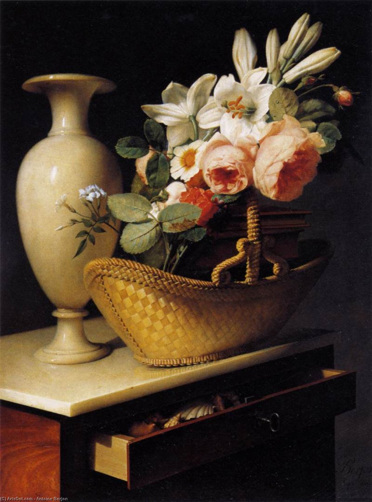 Wikioo.org - The Encyclopedia of Fine Arts - Painting, Artwork by Antoine Berjon - Still-Life with a Basket of Flowers