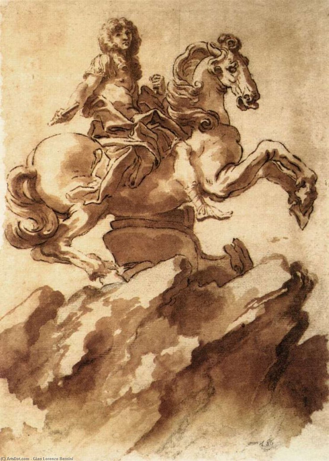 Wikioo.org – La Enciclopedia de las Bellas Artes - Pintura, Obras de arte de Gian Lorenzo Bernini - Estudiar para un ecuestre Estatua de loius xiv