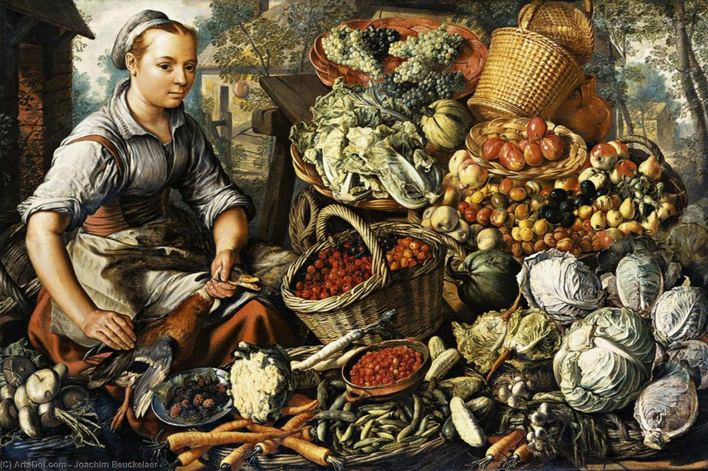 Wikioo.org – La Enciclopedia de las Bellas Artes - Pintura, Obras de arte de Joachim Beuckelaer - mercado mujer  enestado  FRUTO  vegetales  asícomo  aves