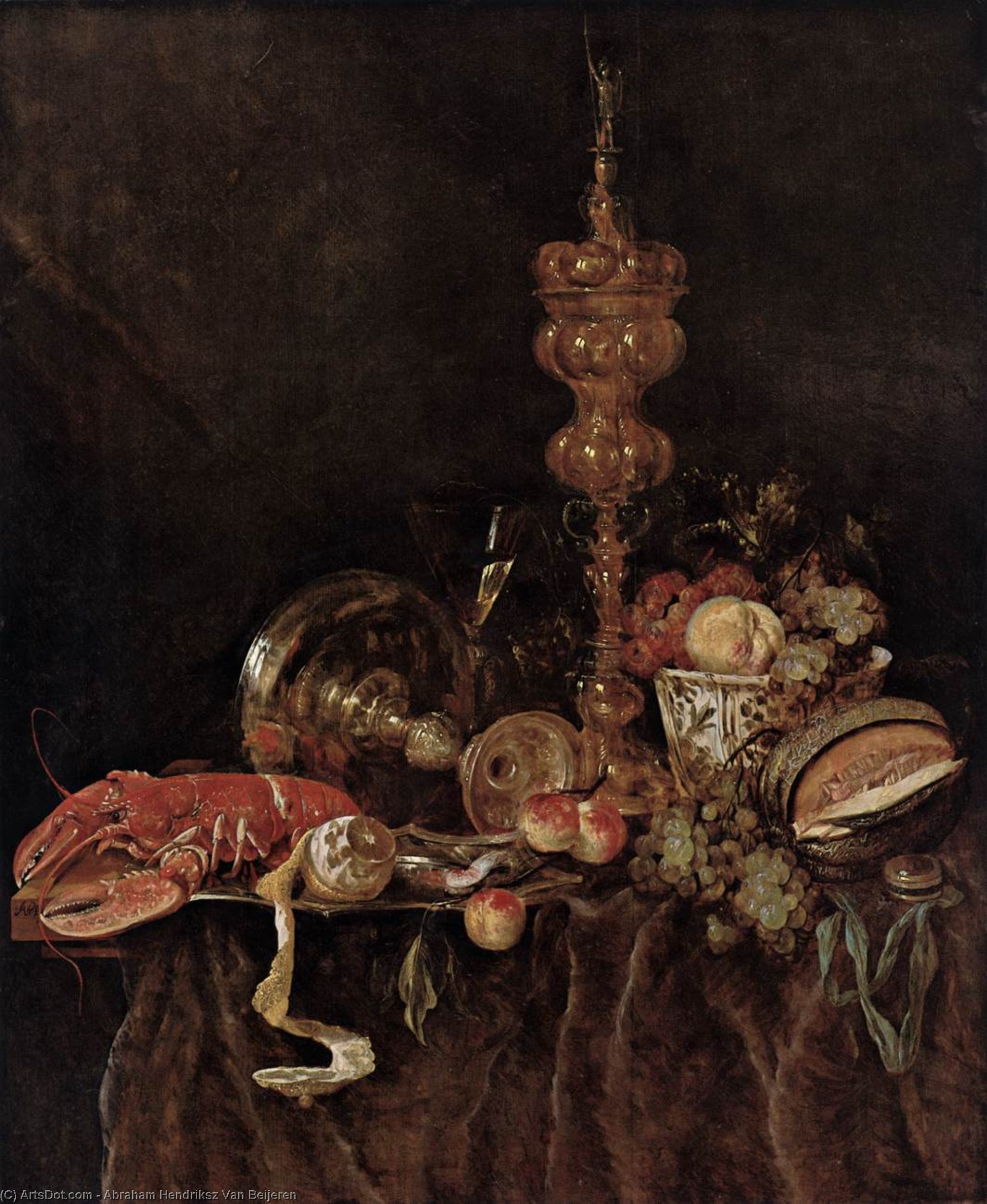 Wikioo.org - The Encyclopedia of Fine Arts - Painting, Artwork by Abraham Hendriksz Van Beijeren - Still-Life with Lobster and Fruit