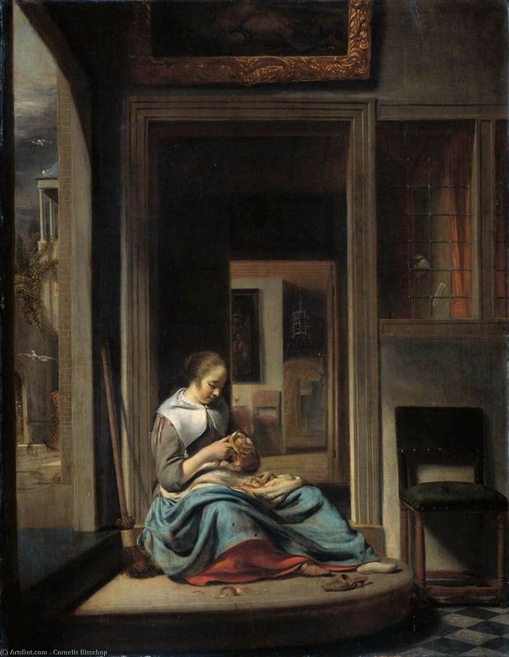WikiOO.org - Encyclopedia of Fine Arts - Maleri, Artwork Cornelis Bisschop - Woman Peeling Apple