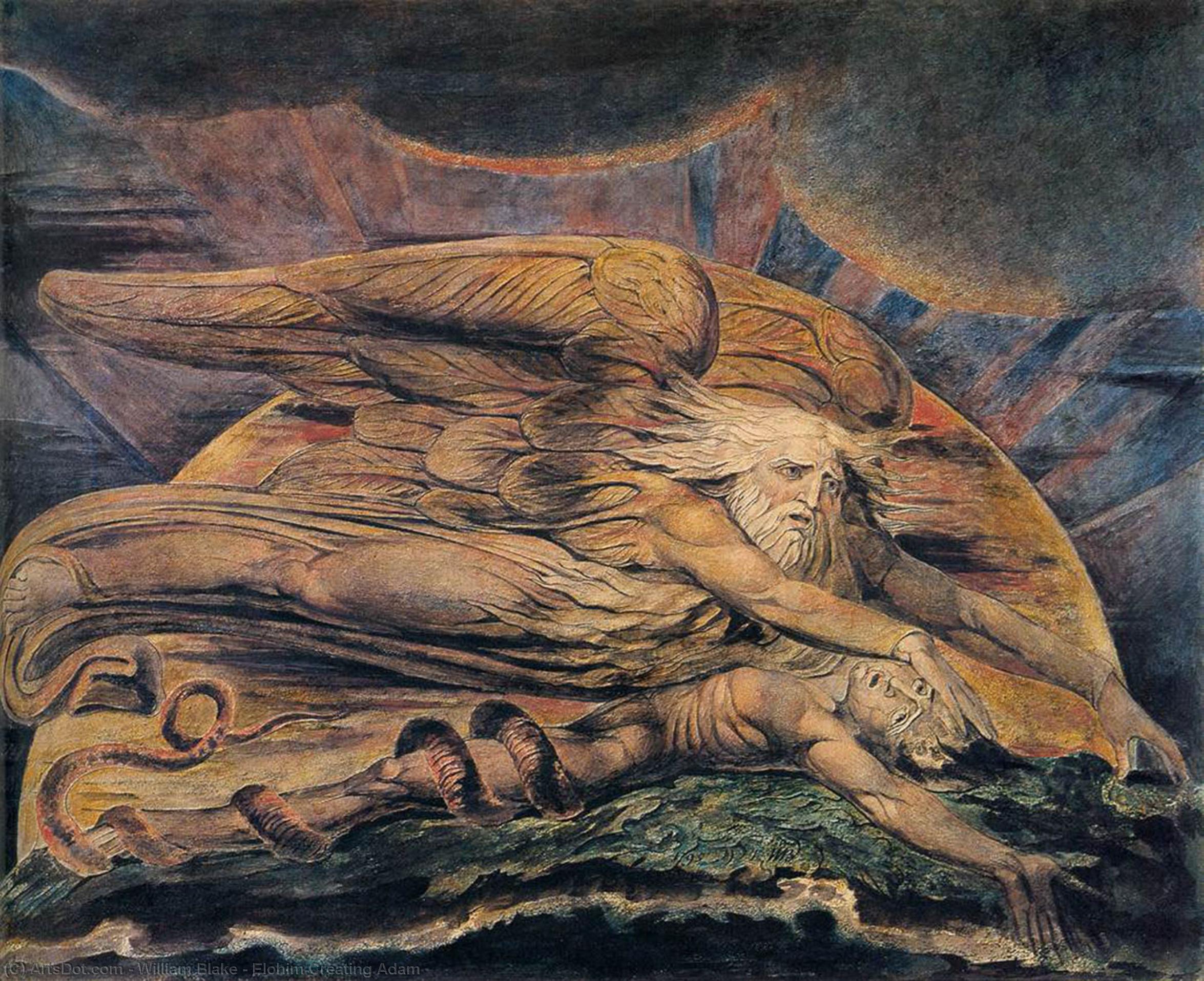 Wikoo.org - موسوعة الفنون الجميلة - اللوحة، العمل الفني William Blake - Elohim Creating Adam