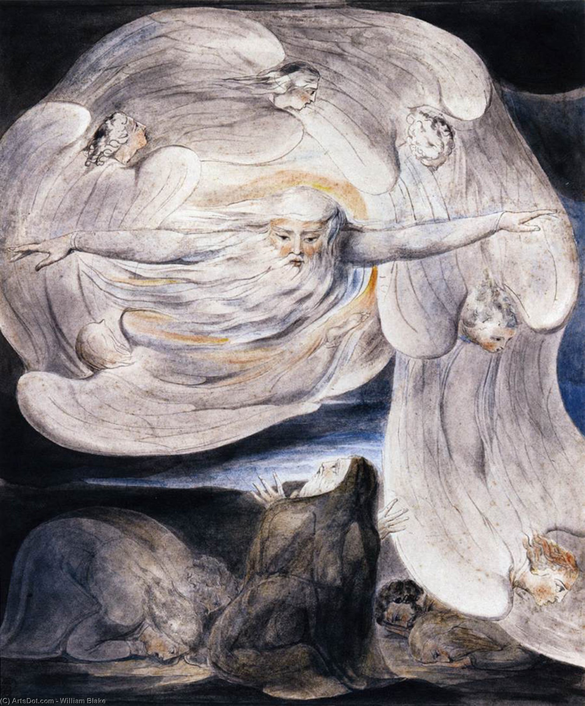 Wikioo.org - The Encyclopedia of Fine Arts - Painting, Artwork by William Blake - Job Confessing his Presumption to God who Answers from the Whirlwind