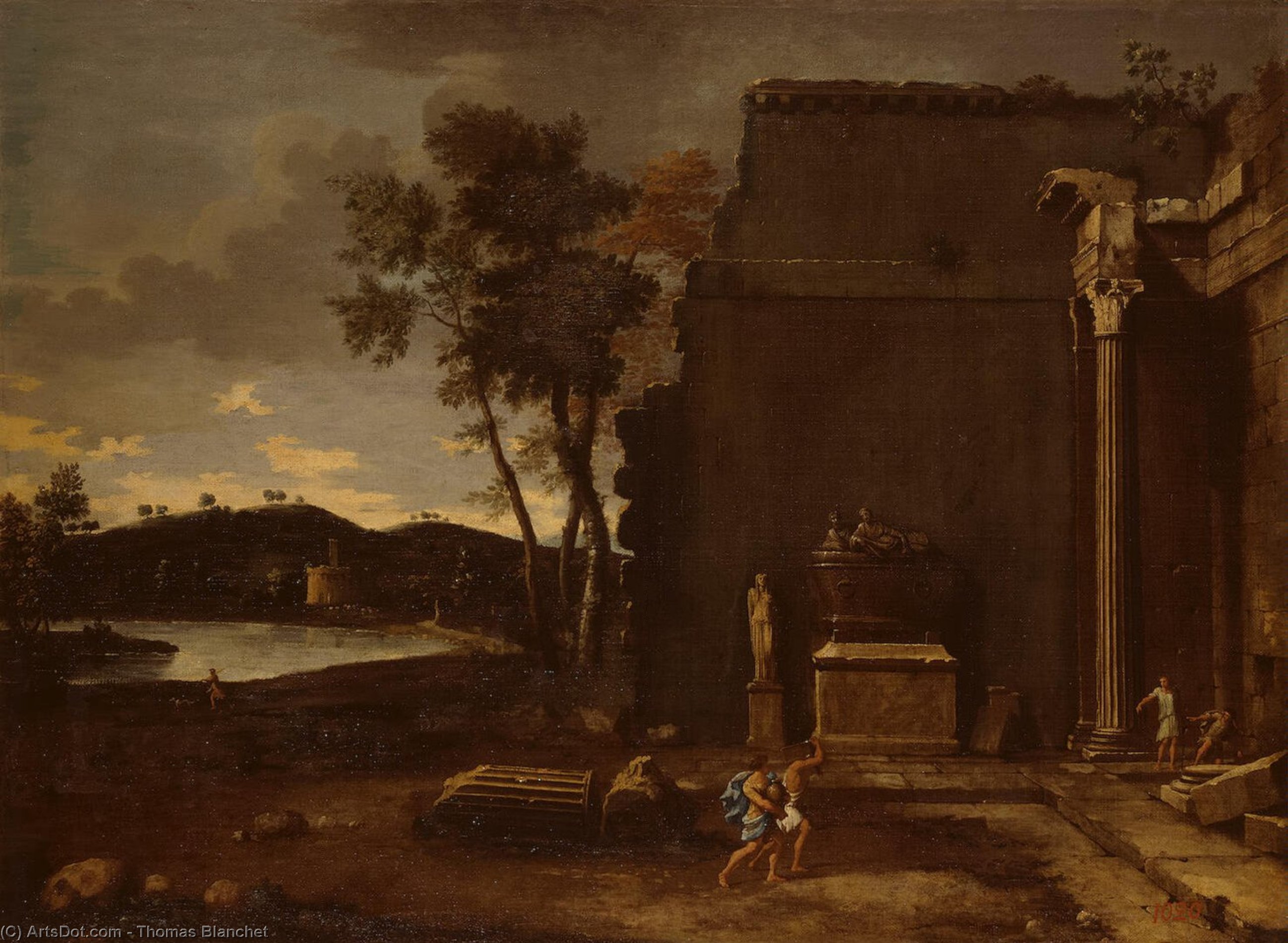 Wikioo.org – L'Encyclopédie des Beaux Arts - Peinture, Oeuvre de Thomas Blanchet - paysage avec sarcophage