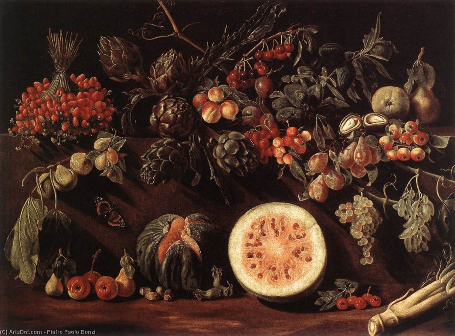 Wikioo.org - The Encyclopedia of Fine Arts - Painting, Artwork by Pietro Paolo Bonzi - Fruit, Vegetables and a Butterfly