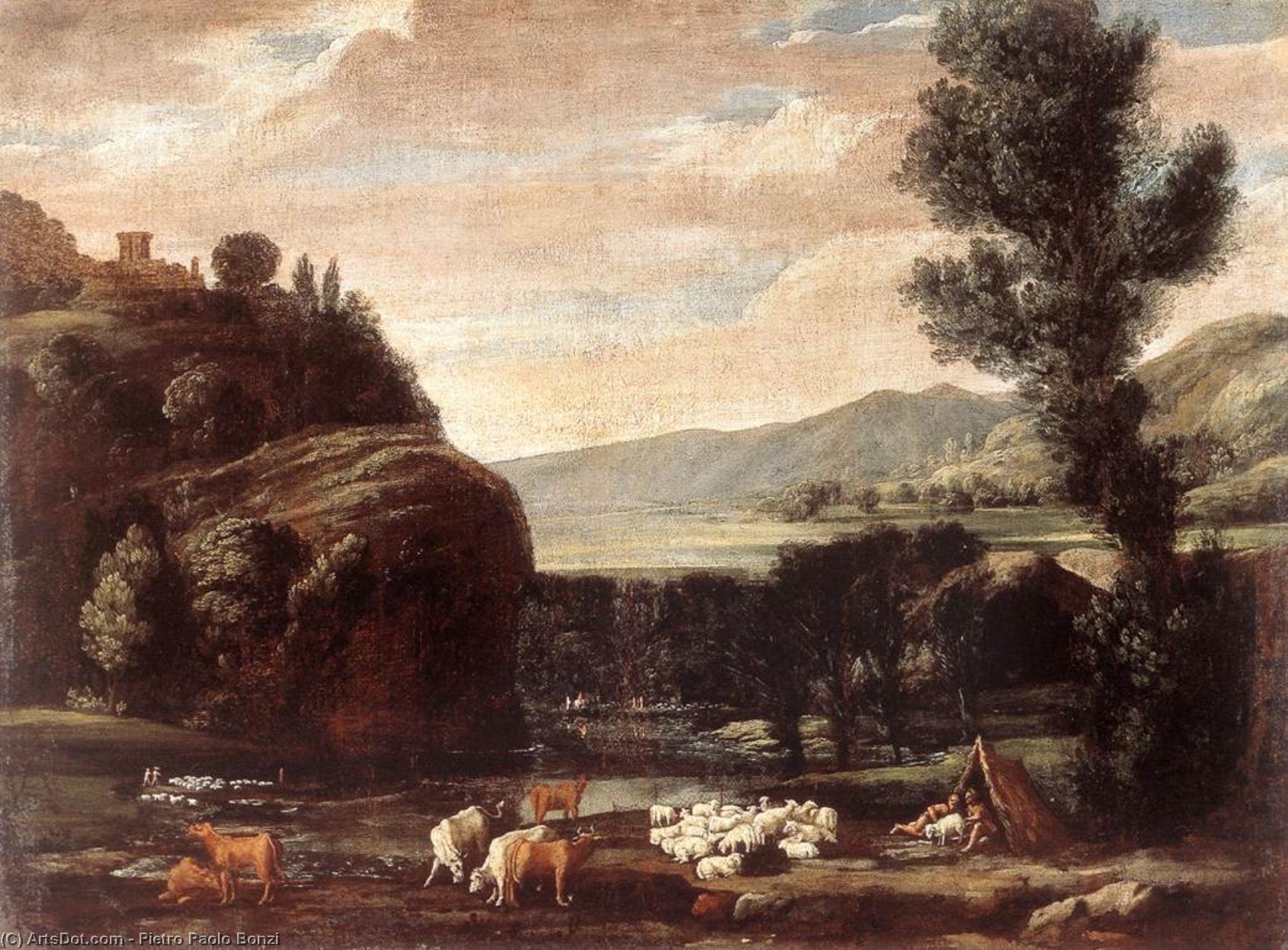 Wikioo.org - The Encyclopedia of Fine Arts - Painting, Artwork by Pietro Paolo Bonzi - Landscape with Shepherds and Sheep