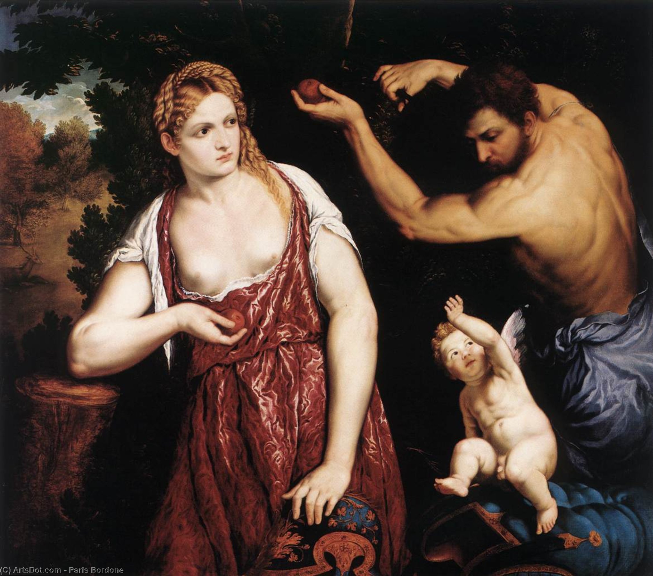 Wikioo.org – La Enciclopedia de las Bellas Artes - Pintura, Obras de arte de Paris Bordone - Venus y marte enestado  Cupido