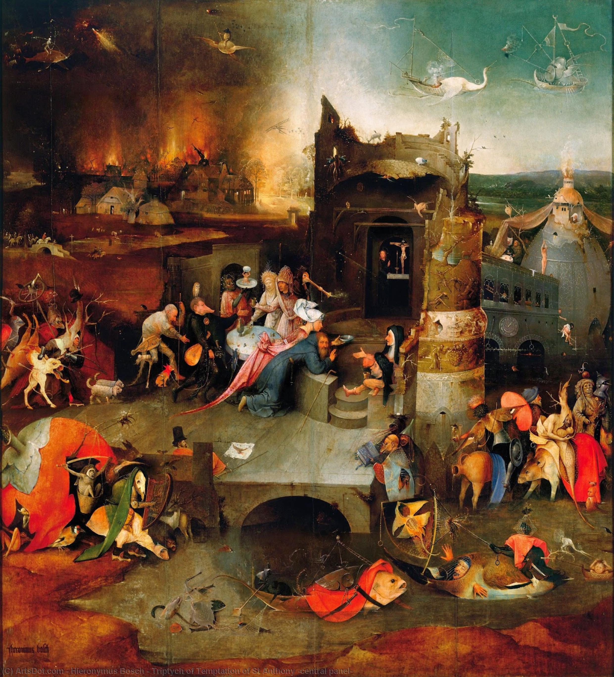 Wikoo.org - موسوعة الفنون الجميلة - اللوحة، العمل الفني Hieronymus Bosch - Triptych of Temptation of St Anthony (central panel)