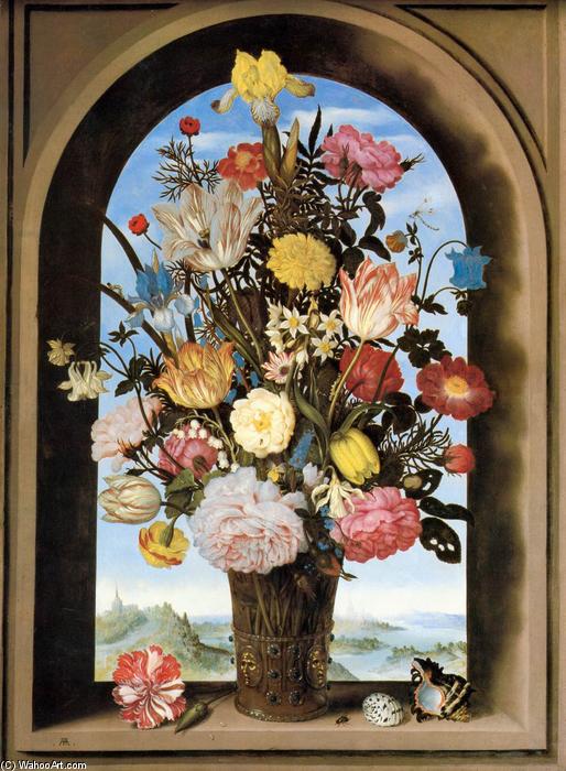 Wikioo.org - Die Enzyklopädie bildender Kunst - Malerei, Kunstwerk von Ambrosius Bosschaert The Elder - Blumenstrauß an ein gewölbt Bildschirmfenster