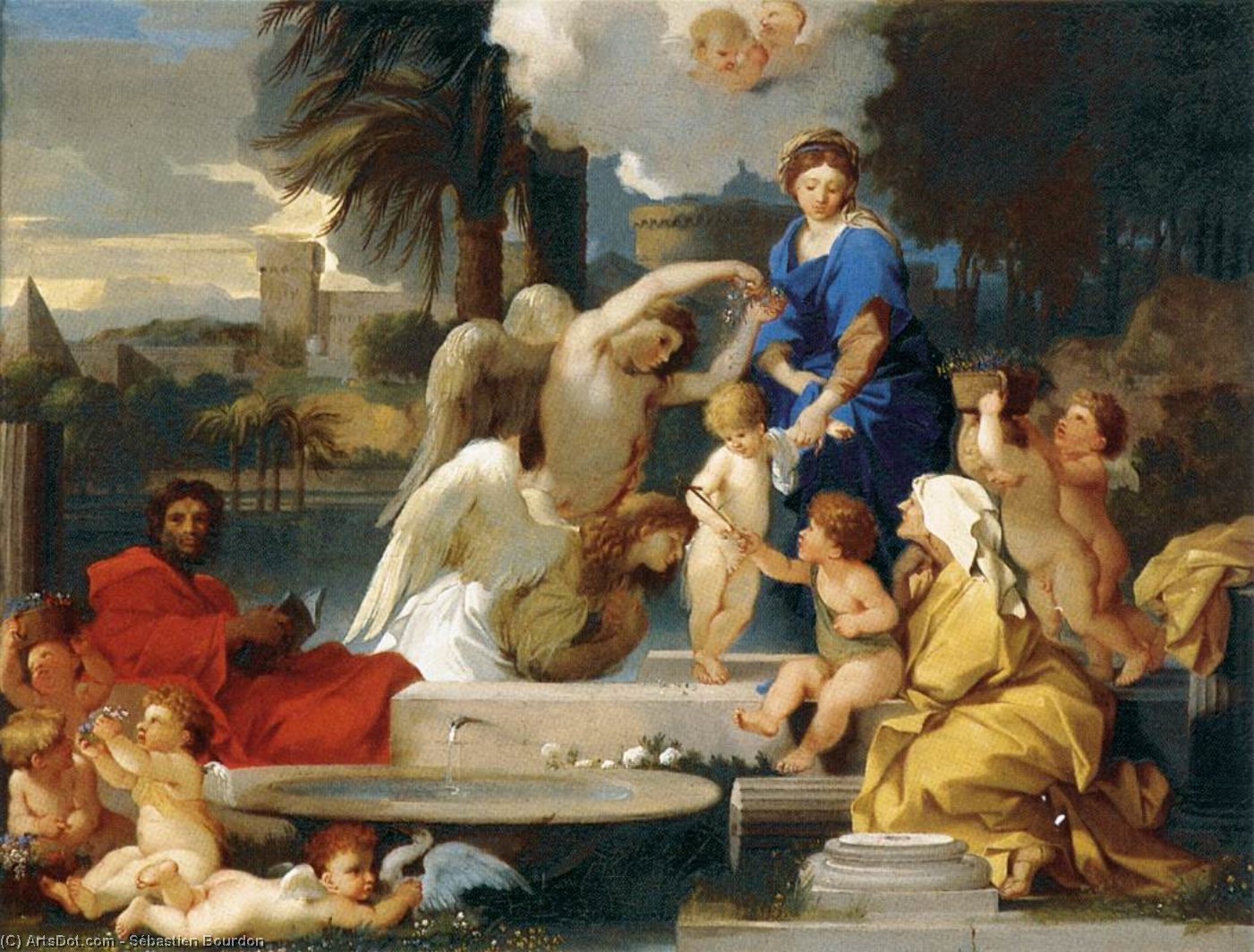Wikioo.org - The Encyclopedia of Fine Arts - Painting, Artwork by Sébastien Bourdon - The Holy Family with St Elizabeth and the Infant St John the Baptist