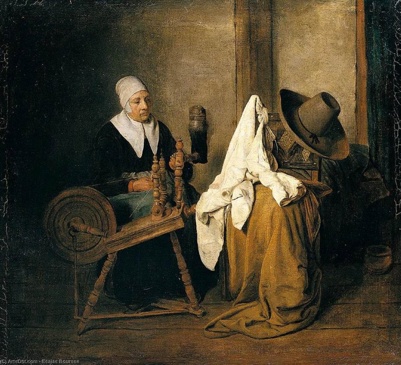Wikioo.org - The Encyclopedia of Fine Arts - Painting, Artwork by Esaias Boursse - Interior with an Old Woman at a Spinning Wheel