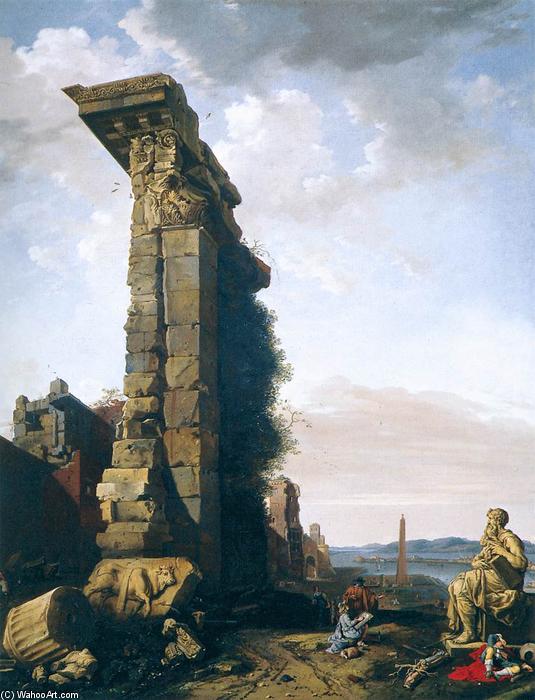 Wikioo.org - The Encyclopedia of Fine Arts - Painting, Artwork by Bartholomeus Breenbergh - Idealised View with Roman Ruins, Sculptures, and a Port