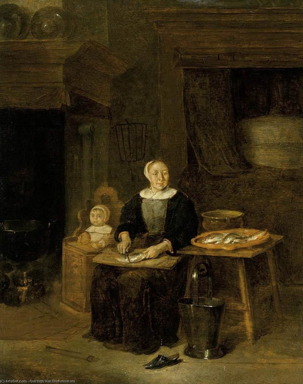 Wikioo.org - The Encyclopedia of Fine Arts - Painting, Artwork by Quiringh Gerritsz Van Brekelenkam - A Woman Scaling Fish