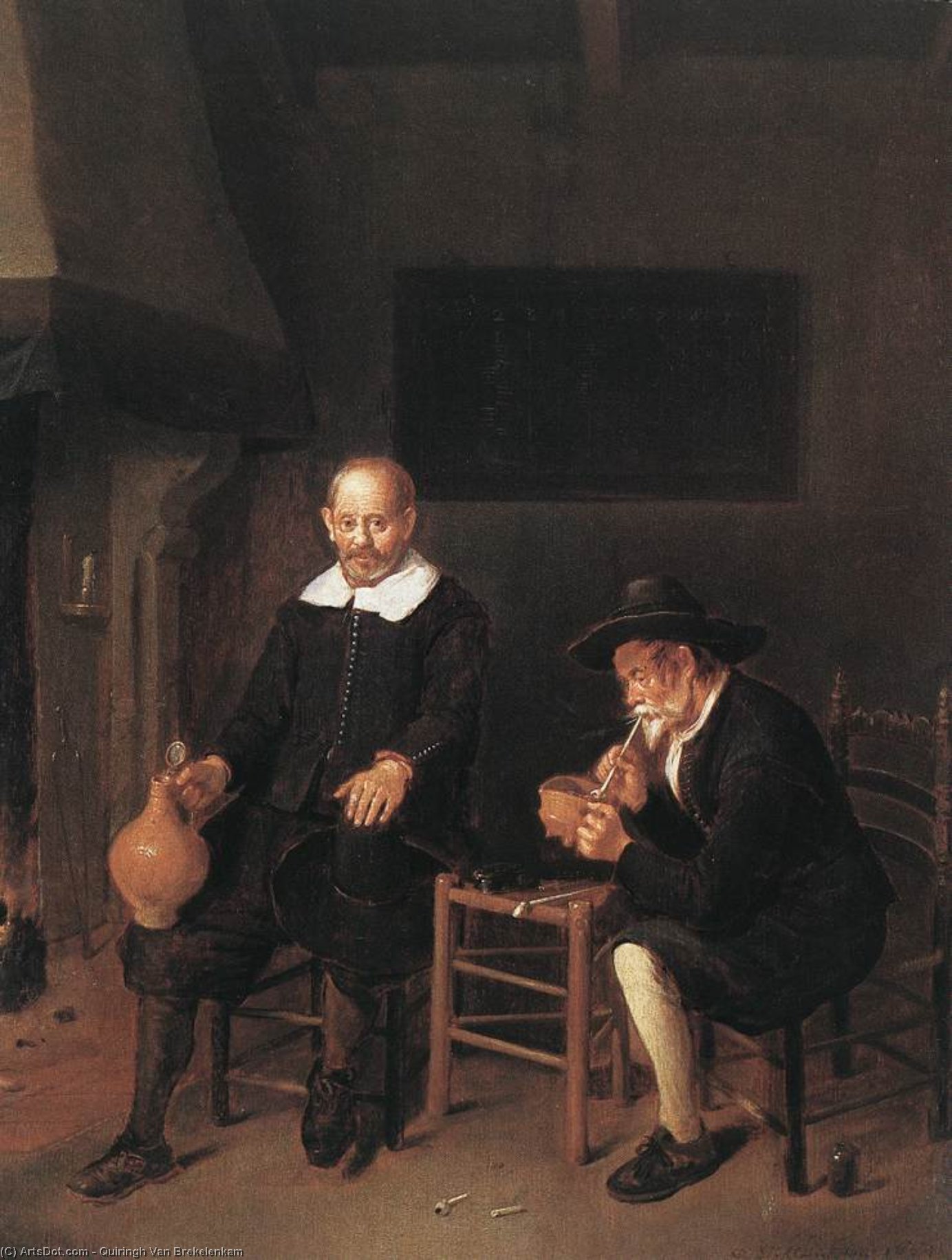 Wikioo.org - The Encyclopedia of Fine Arts - Painting, Artwork by Quiringh Gerritsz Van Brekelenkam - Interior with Two Men by the Fireside