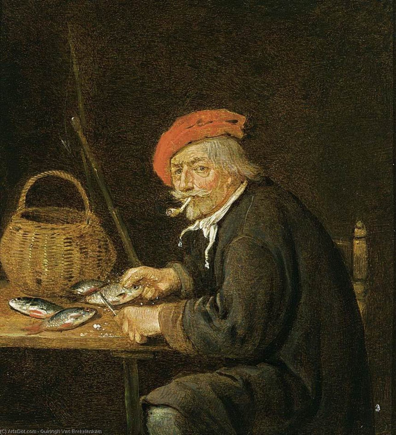 Wikioo.org - The Encyclopedia of Fine Arts - Painting, Artwork by Quiringh Gerritsz Van Brekelenkam - Man Scaling Fish