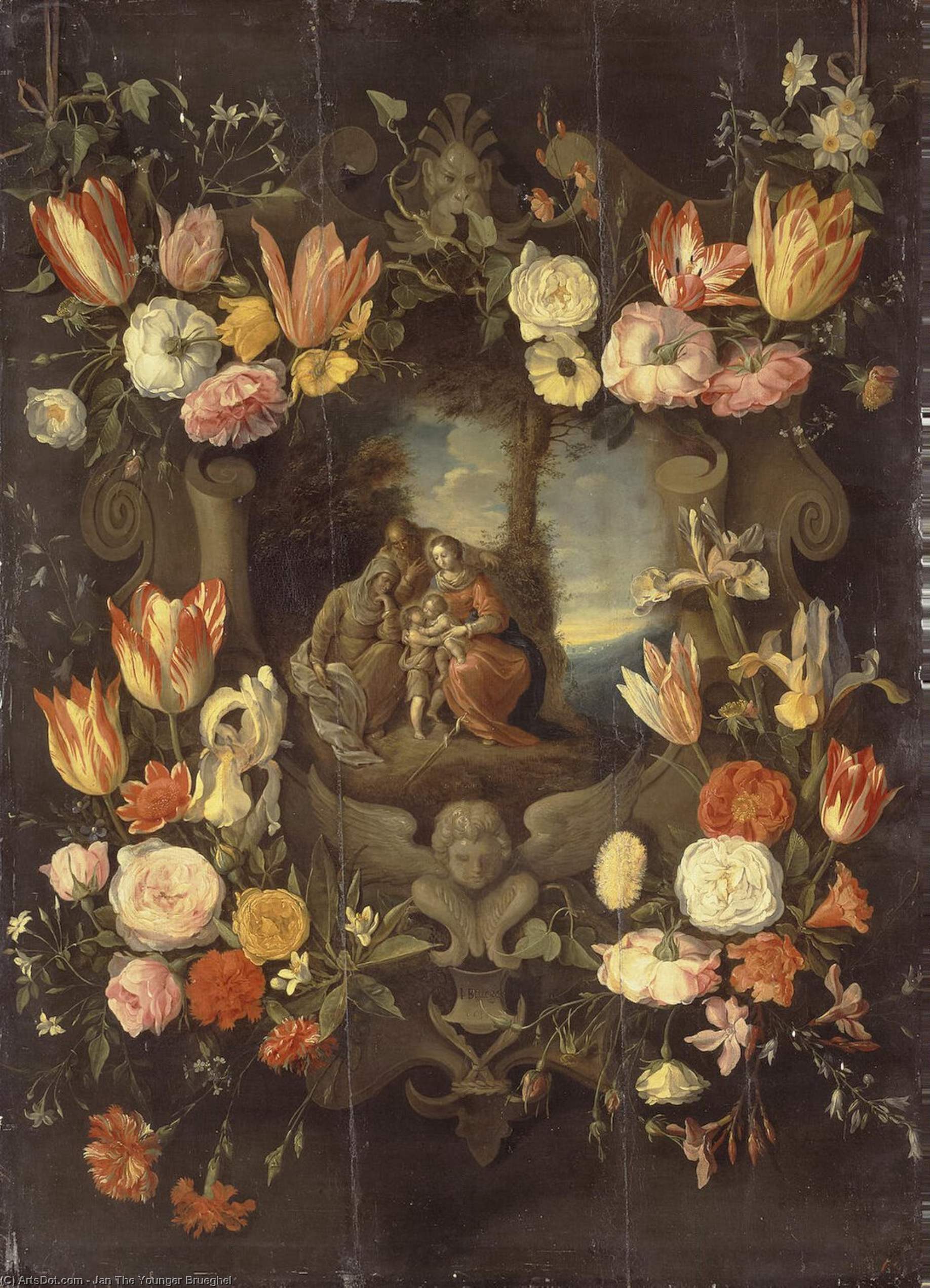 WikiOO.org - 百科事典 - 絵画、アートワーク Jan The Younger Brueghel - 聖家族 額入りの  と一緒に  フラワーズ