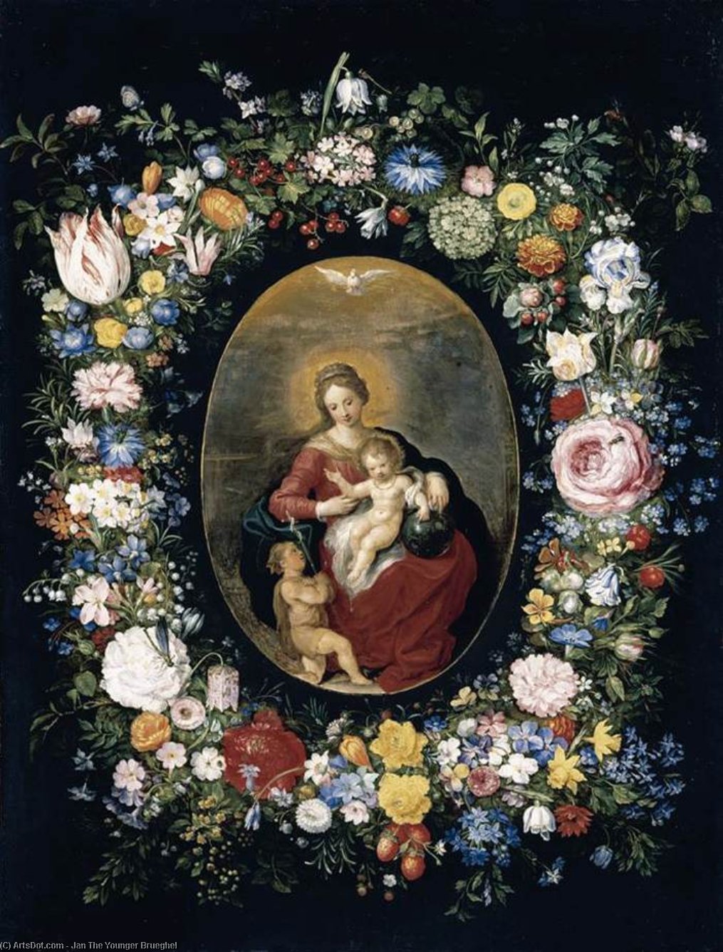 Wikioo.org - The Encyclopedia of Fine Arts - Painting, Artwork by Jan The Younger Brueghel - Virgin and Child with Infant St John in a Garland of Flowers