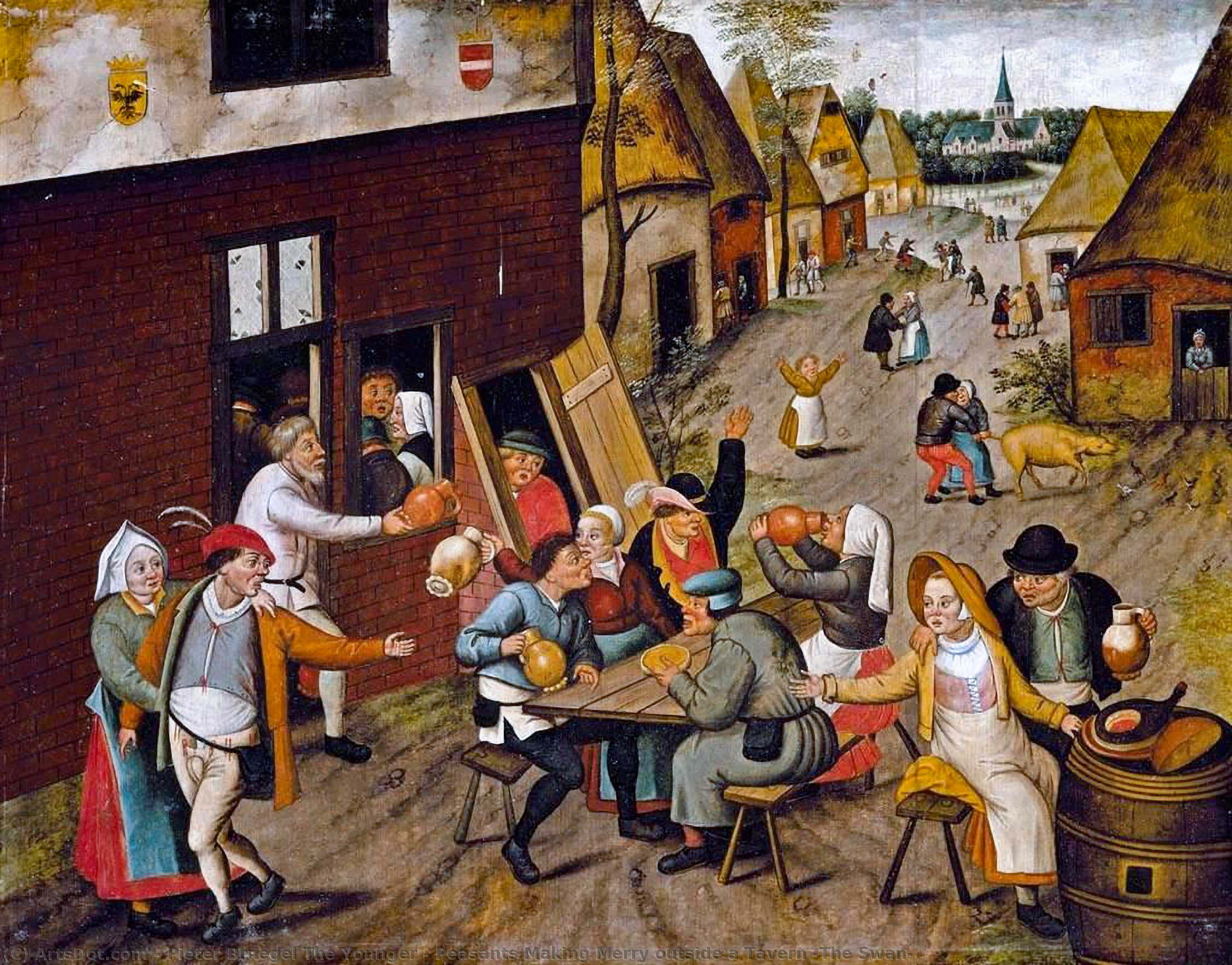 Wikioo.org – La Enciclopedia de las Bellas Artes - Pintura, Obras de arte de Pieter Bruegel The Younger - Campesinos hacer feliz fuera de una Taberna 'The Swan'