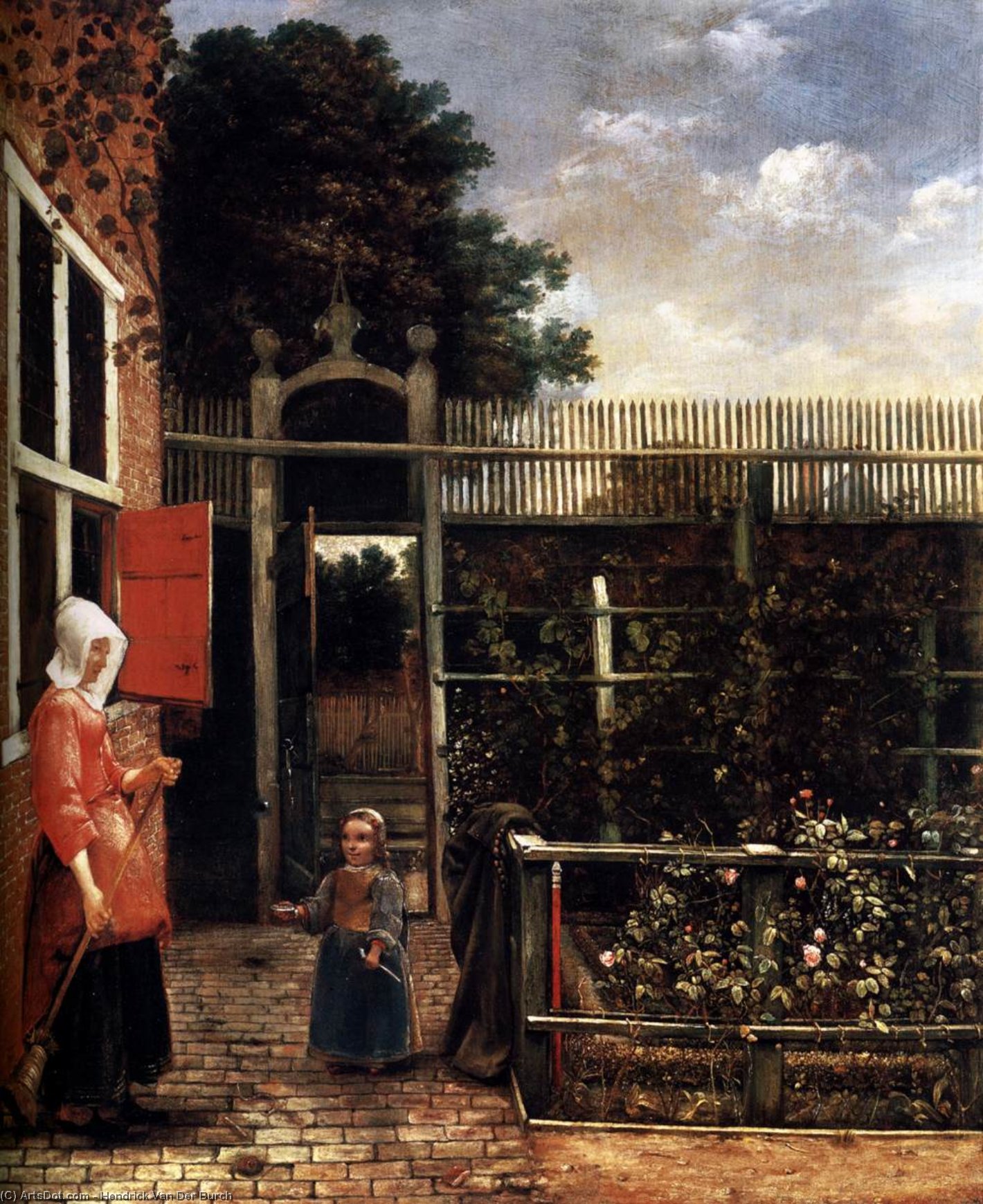 WikiOO.org - Encyclopedia of Fine Arts - Maleri, Artwork Hendrick Van Der Burch - Woman with a Child Blowing Bubbles in a Garden