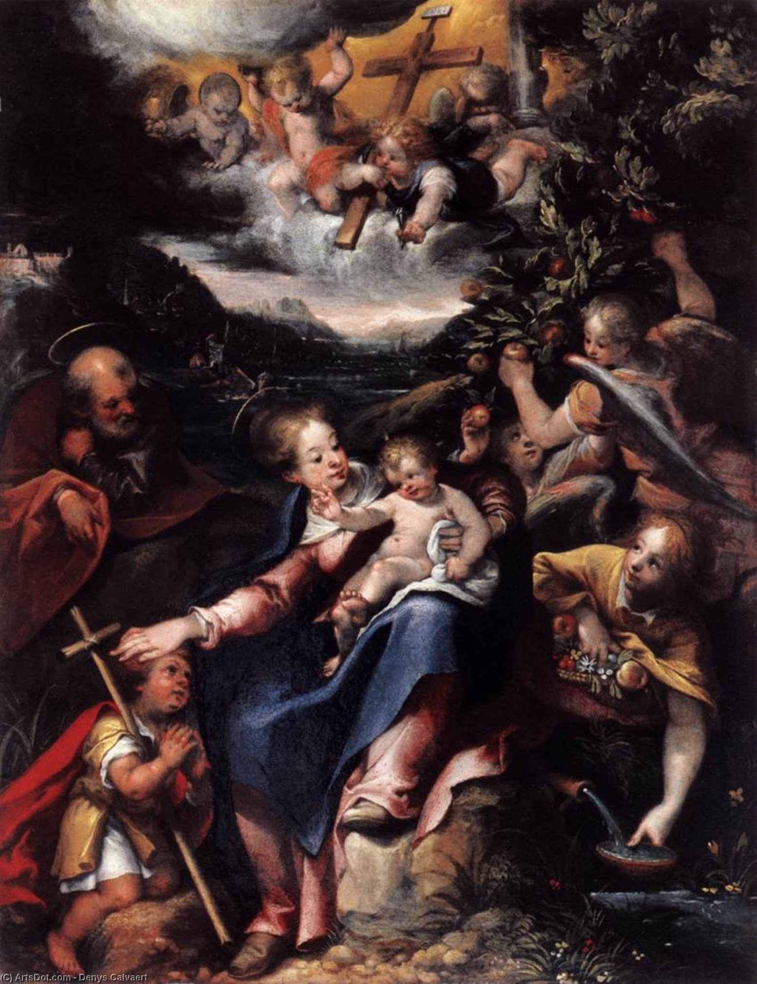 Wikioo.org - The Encyclopedia of Fine Arts - Painting, Artwork by Denys Calvaert - The Holy Family with the Infant St John the Baptist in a Landscape