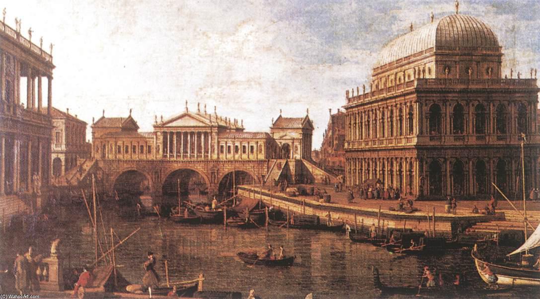 Wikioo.org - The Encyclopedia of Fine Arts - Painting, Artwork by Giovanni Antonio Canal (Canaletto) - Capriccio: a Palladian Design for the Rialto Bridge, with Buildings at Vicenza